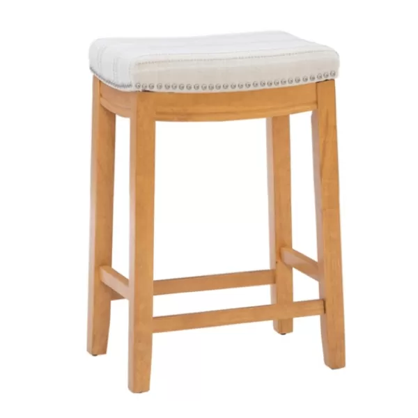 Bar Stools & Counter Height Stools-Kirkland's Home Oak Wood Counter Stool With Beige Striped Cushion Gray
