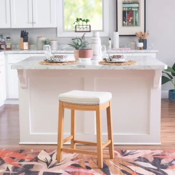 Bar Stools & Counter Height Stools-Kirkland's Home Oak Wood Counter Stool With Beige Striped Cushion Gray