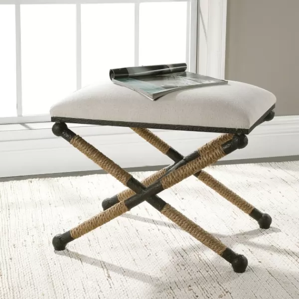 Benches & Ottomans-Kirkland's Home Oatmeal Upholstered Wrapped Rope Frame Bench Ivory