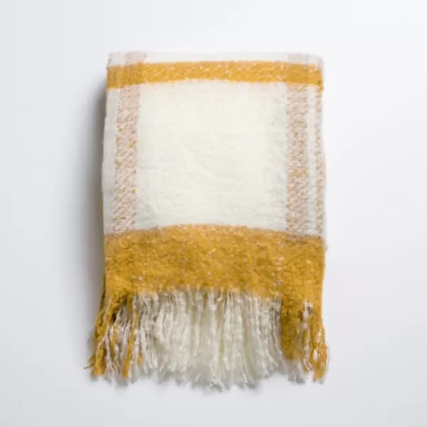 Blankets & Throws-Kirkland's Home Ochre Windowpane Faux Mohair Throw Yellow/White