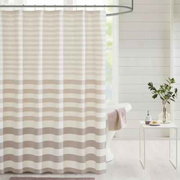 Shower Curtains-Kirkland's Home Ombre Gray Stripe Yarn Dyed Shower Curtain Tan