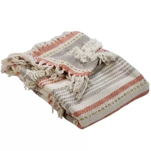 Blankets & Throws-Kirkland's Home Orange Fringe Line Work Throw Orange/Gray/Ivory