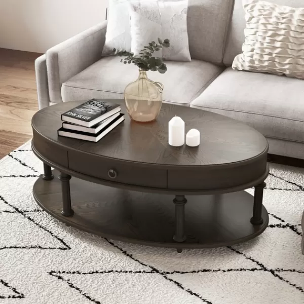 Coffee Tables-Kirkland's Home Oval Wood 2-Tier Coffee Table Brown