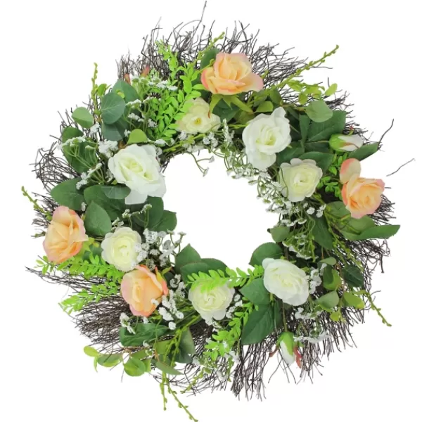 Wreaths-Kirkland's Home Peachy Roses And Baby'S Breath Wreath Green/Pink/White