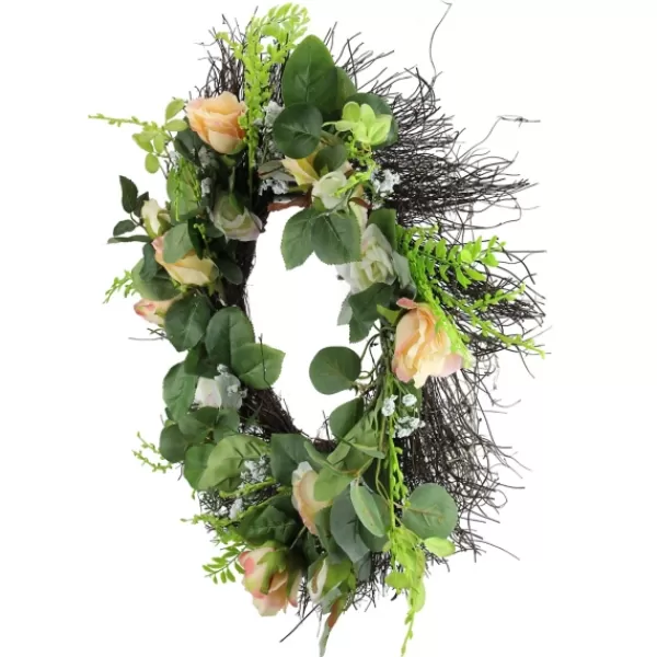 Wreaths-Kirkland's Home Peachy Roses And Baby'S Breath Wreath Green/Pink/White