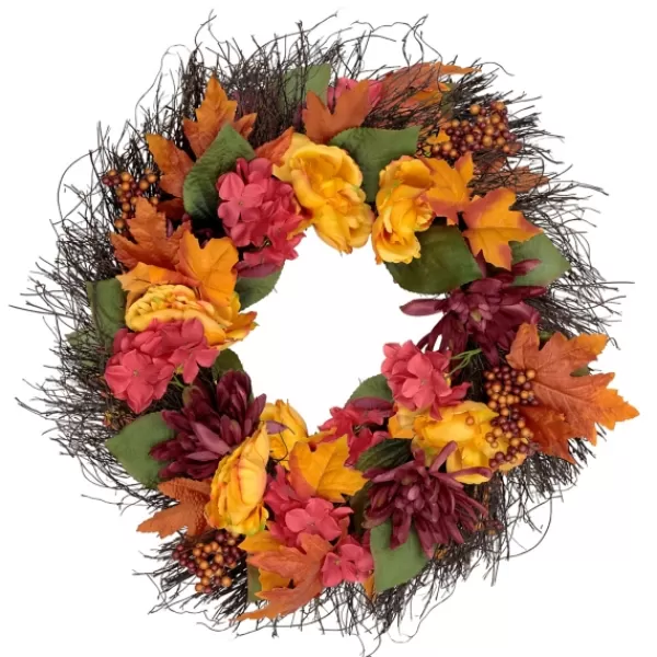 Wreaths-Kirkland's Home Peony And Mum Floral Wreath Yellow/Red/Orange