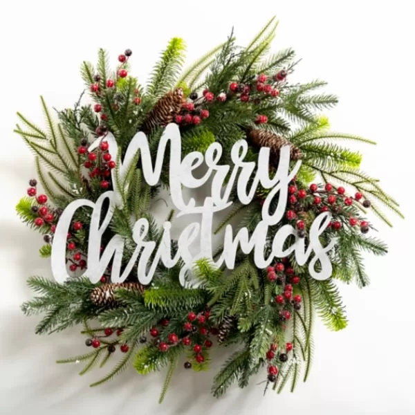 Wreaths-Kirkland's Home Pine And Berry Merry Christmas Wreath Green/Red/White