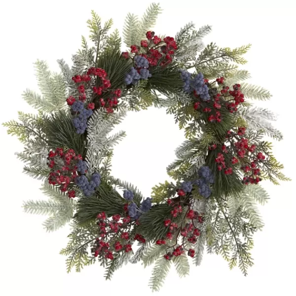 Wreaths-Kirkland's Home Pine And Cedar Branches With Berries Wreath Green/Red/Purple