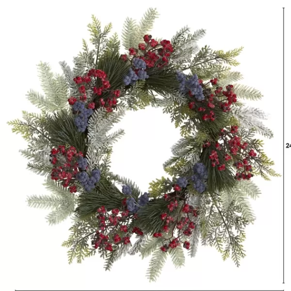 Wreaths-Kirkland's Home Pine And Cedar Branches With Berries Wreath Green/Red/Purple