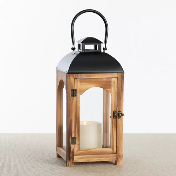 Lanterns-Kirkland's Home Pine Wood And Black Metal Lantern, 16 In. Brown/Black
