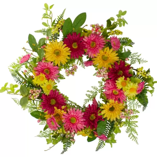 Wreaths-Kirkland's Home Pink And Yellow Chrysanthemum And Daisy Wreath Yellow/Pink/Green