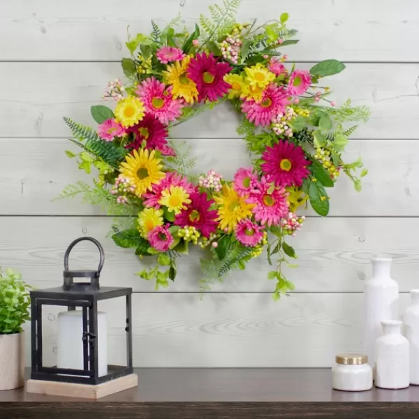 Wreaths-Kirkland's Home Pink And Yellow Chrysanthemum And Daisy Wreath Yellow/Pink/Green