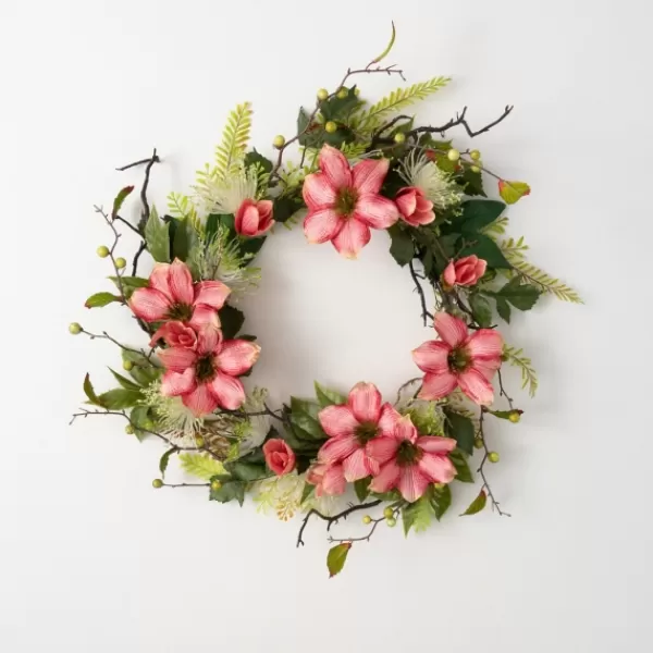 Wreaths-Kirkland's Home Pink Clematis And Greenery Wreath Pink/Green