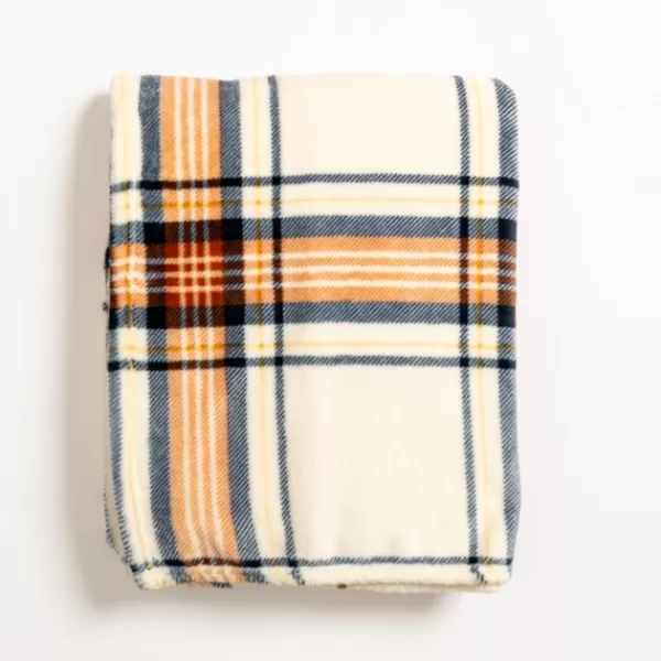 Blankets & Throws-Kirkland's Home Plush Cream Plaid Throw Ivory/Orange