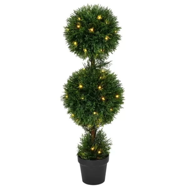 Trees & Topiaries-Kirkland's Home Pre-Lit Double Ball Cedar Potted Topiary