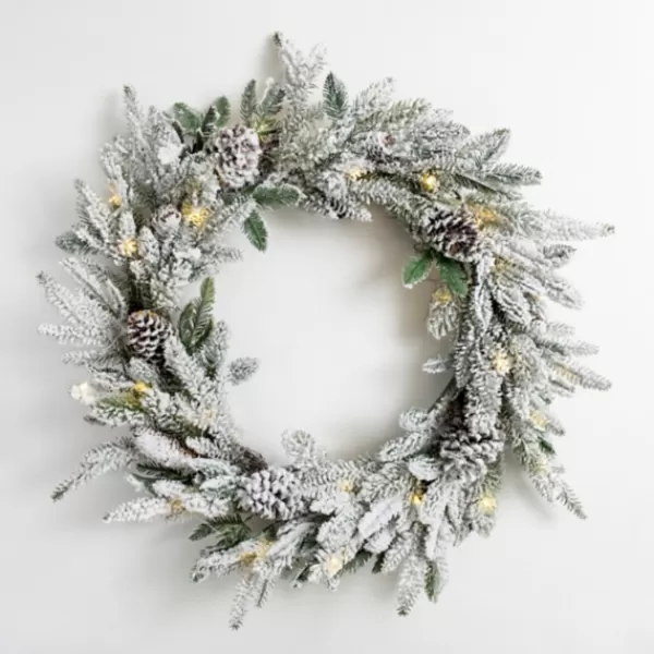 Wreaths-Kirkland's Home Pre-Lit Flocked Winter Pinecone Wreath White