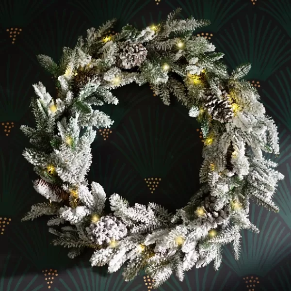 Wreaths-Kirkland's Home Pre-Lit Flocked Winter Pinecone Wreath White