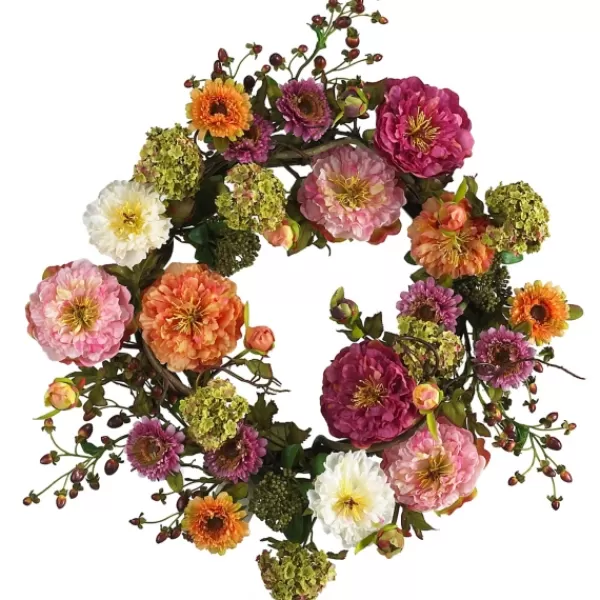 Wreaths-Kirkland's Home Pretty Peony Garden Mix Wreath Pink/Green/Orange/Purple