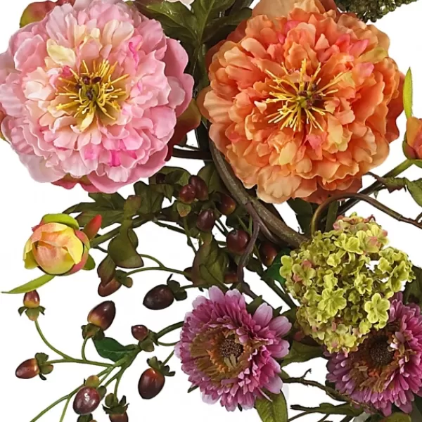 Wreaths-Kirkland's Home Pretty Peony Garden Mix Wreath Pink/Green/Orange/Purple