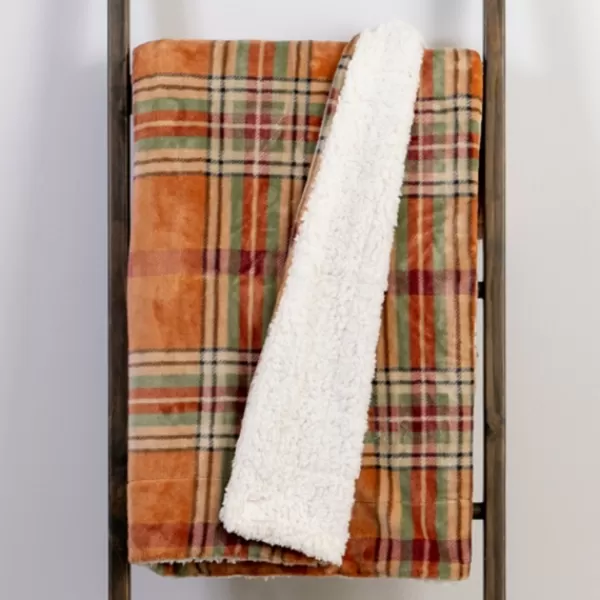 Blankets & Throws-Kirkland's Home Pumpkin Plaid Sherpa Throw Orange/Green