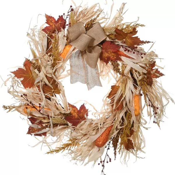 Wreaths-Kirkland's Home Raffia Corn Husk Maple Harvest Wreath Ivory/Orange
