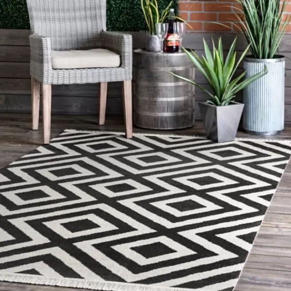 Outdoor Rugs-Kirkland's Home Rain Diamond Fringe Indoor/Outdoor Area Rug, 5X8 Black/White