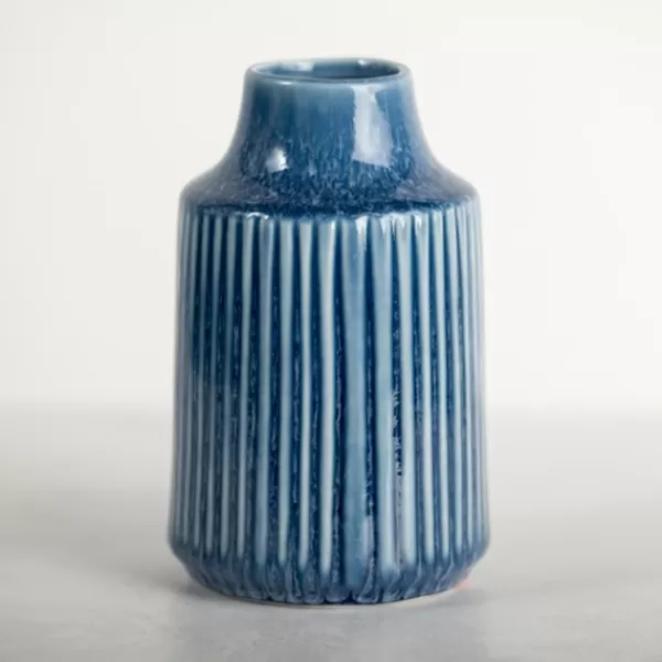 Vases-Kirkland's Home Reactive Ribbed Vase, 7 In. Blue