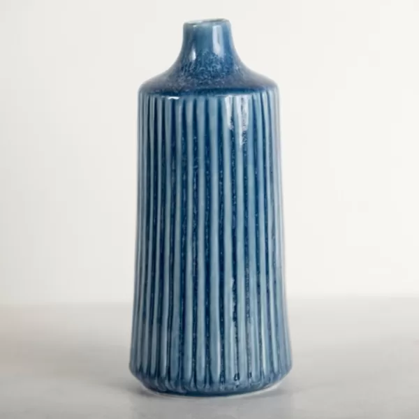 Vases-Kirkland's Home Reactive Ribbed Vase, 9 In. Blue
