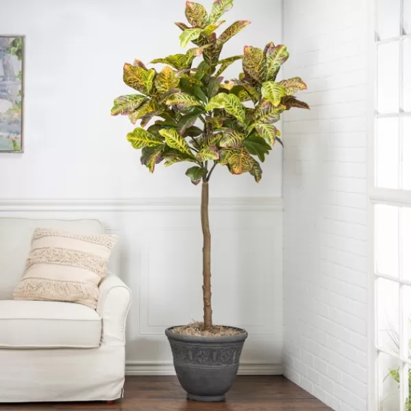 Trees & Topiaries-Kirkland's Home Real Touch Croton Leaf Tree In Black Pot, 6 Ft.