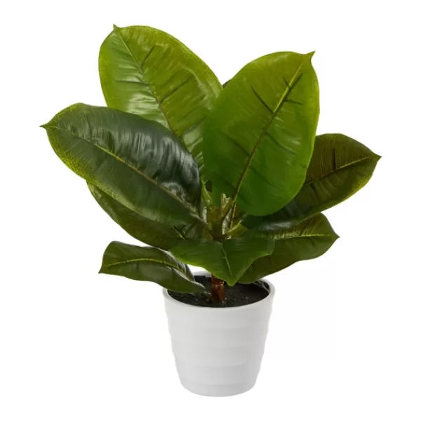 Arrangements & Greenery-Kirkland's Home Real Touch Rubber Leaf In Ribbed White Planter Green/White