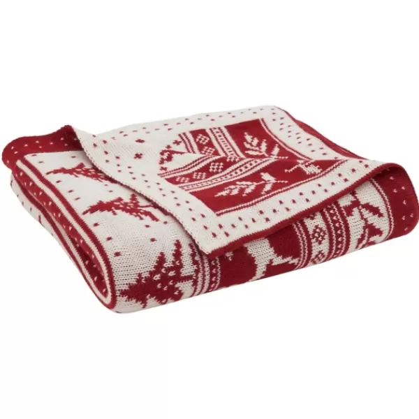Blankets & Throws-Kirkland's Home Red And White Stripe Reindeer Christmas Knit Throw Red/White/Ivory