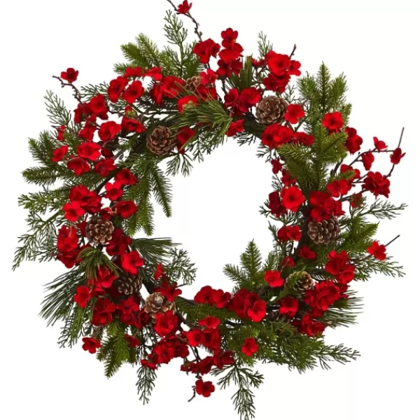 Wreaths-Kirkland's Home Red Plum Blossom Pinecone Wreath, 24 In. Green/Red