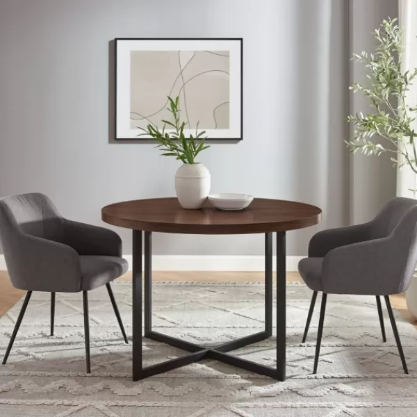 Dining Tables-Kirkland's Home Round And Black X Base Dining Table Brown