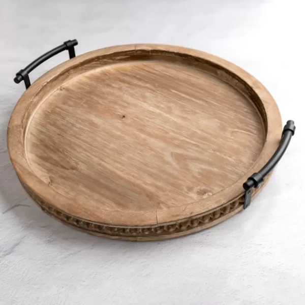 Decorative Trays-Kirkland's Home Round Beaded Wood Decorative Tray Brown