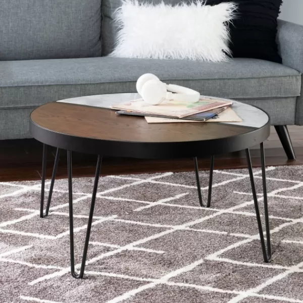 Coffee Tables-Kirkland's Home Round Brown Wood And White Marble Top Coffee Table Brown/White