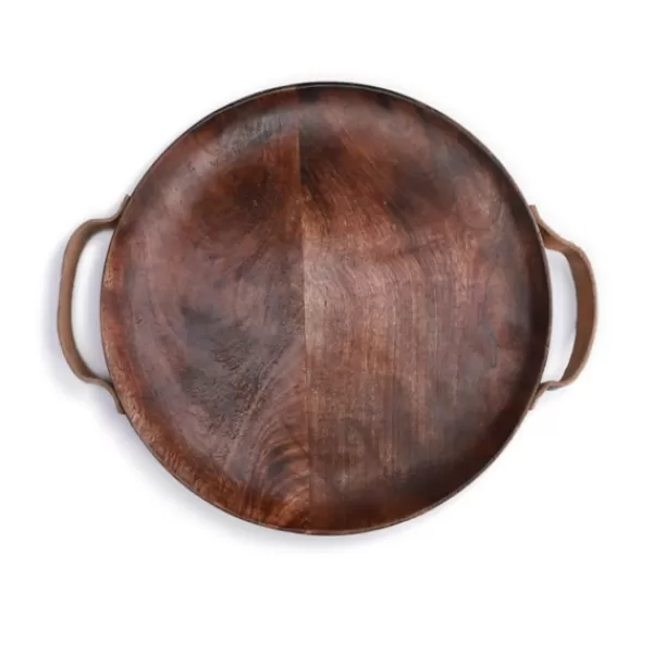 Decorative Trays-Kirkland's Home Round Mango Wood Tray With Leather Handles Brown
