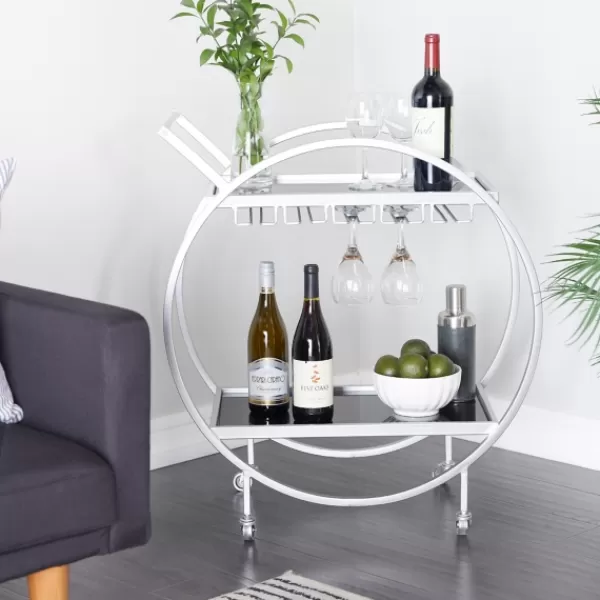 Kitchen Islands & Bar Carts-Kirkland's Home Round Metal And Glass 2-Ter Bar Cart Silver