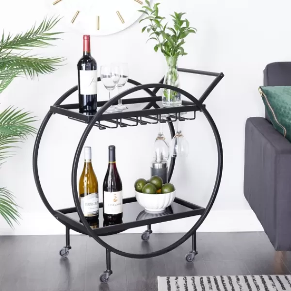Kitchen Islands & Bar Carts-Kirkland's Home Round Metal And Glass 2-Ter Bar Cart Black