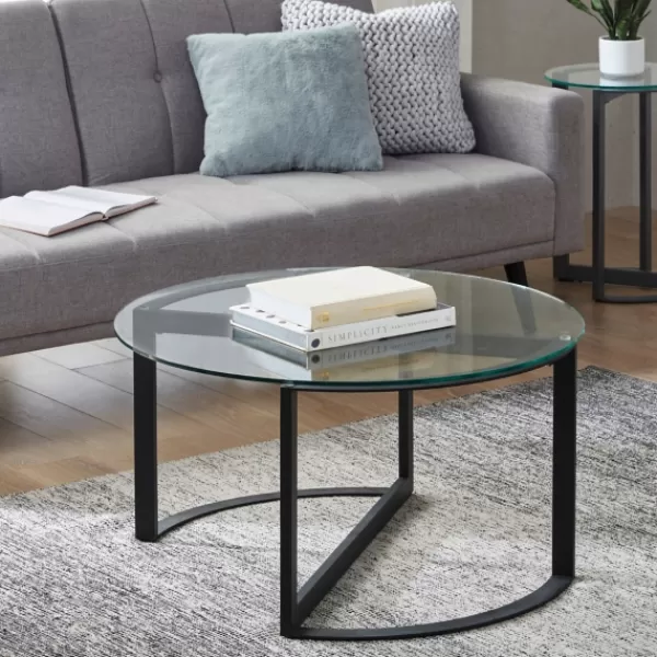 Coffee Tables-Kirkland's Home Round Tempered Glass Hourglass Base Coffee Table Black