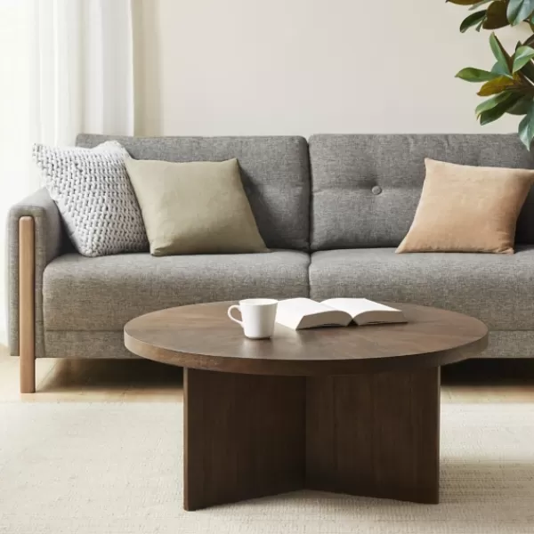 Coffee Tables-Kirkland's Home Round Walnut Wood Starburst Coffee Table Brown
