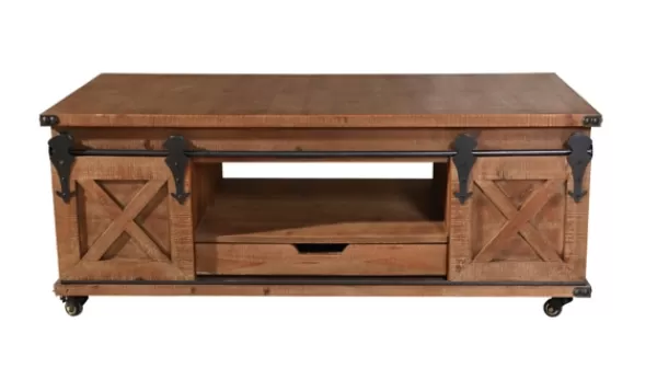 Coffee Tables-Kirkland's Home Rustic Fir Wood Rolling Barn Door Coffee Table Tan