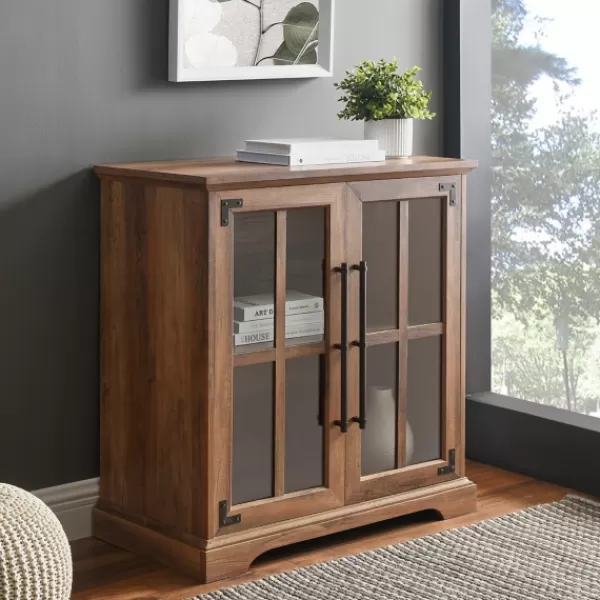 Cabinets & Sideboards-Kirkland's Home Rustic Oak Finish Window Pane Cabinet Brown