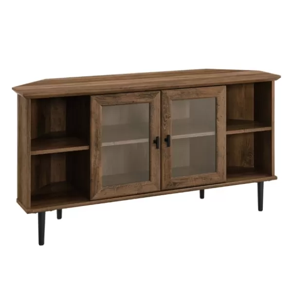 Tv Stands & Media Consoles-Kirkland's Home Rustic Oak Glass Door Corner Tv Stand Brown