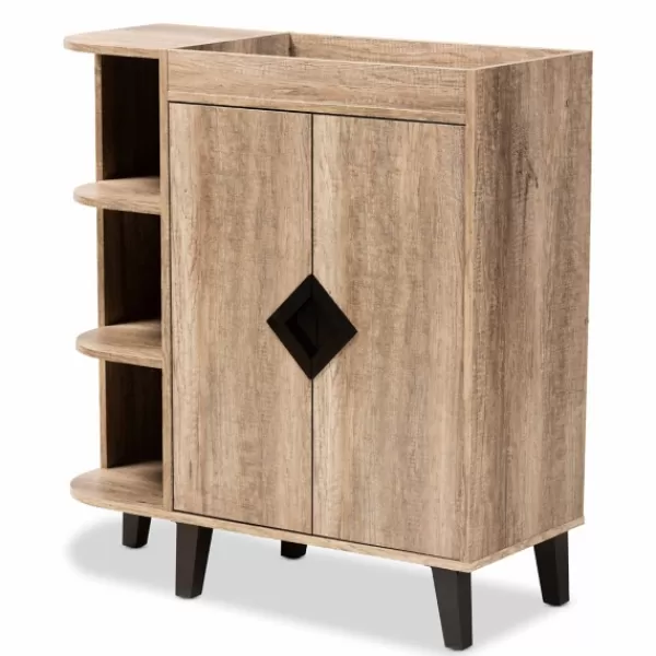 Entryway Furniture-Kirkland's Home Rustic Oak Open Shoe Storage Cabinet Tan