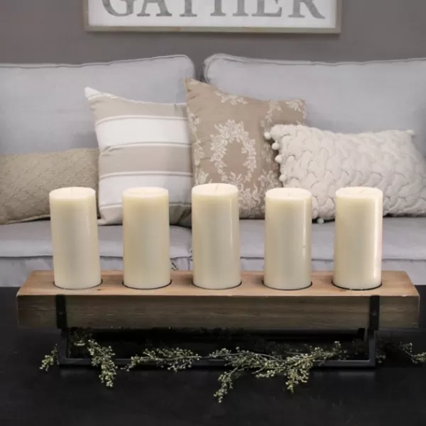 Candle Holders-Kirkland's Home Rustic Wood Candle Runner With Metal Stand Brown