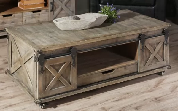 Coffee Tables-Kirkland's Home Rustic Wood Rolling Barn Door Coffee Table Gray