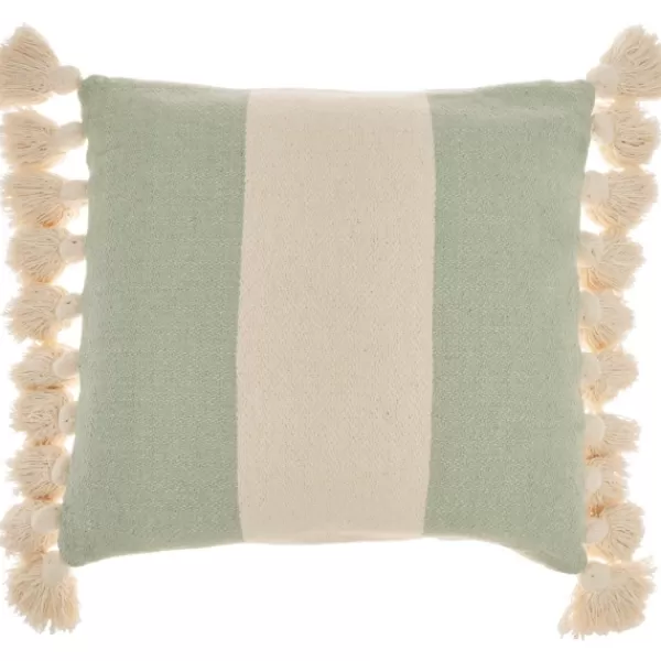 Pillows-Kirkland's Home Sage And Ivory Striped Tassel Pillow Green/Ivory