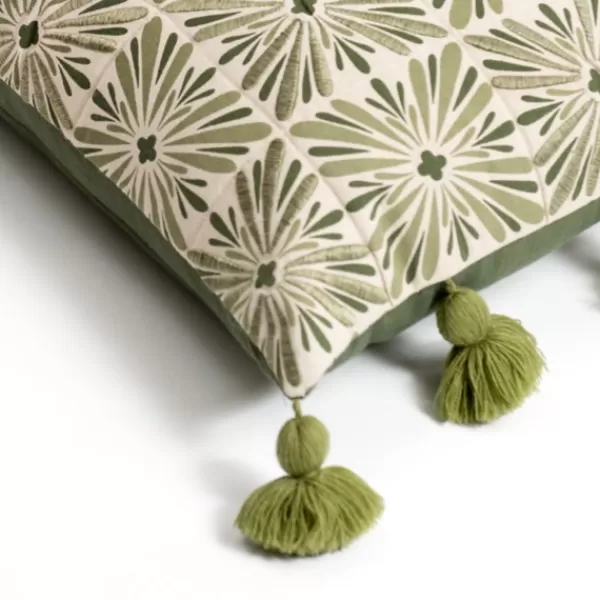 Pillows-Kirkland's Home Sage Embroidered Beauty Tasseled Lumbar Pillow Green
