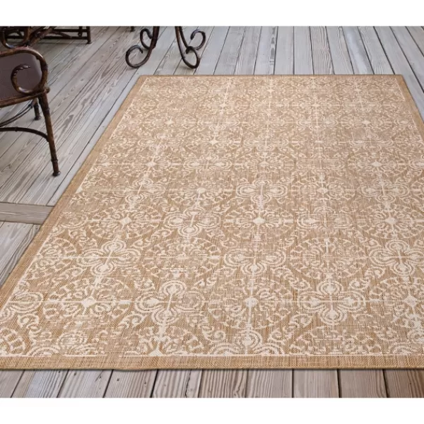 Outdoor Rugs-Kirkland's Home Sand Embellished Scroll Indoor/Outdoor Rug, 4X7 Tan/White