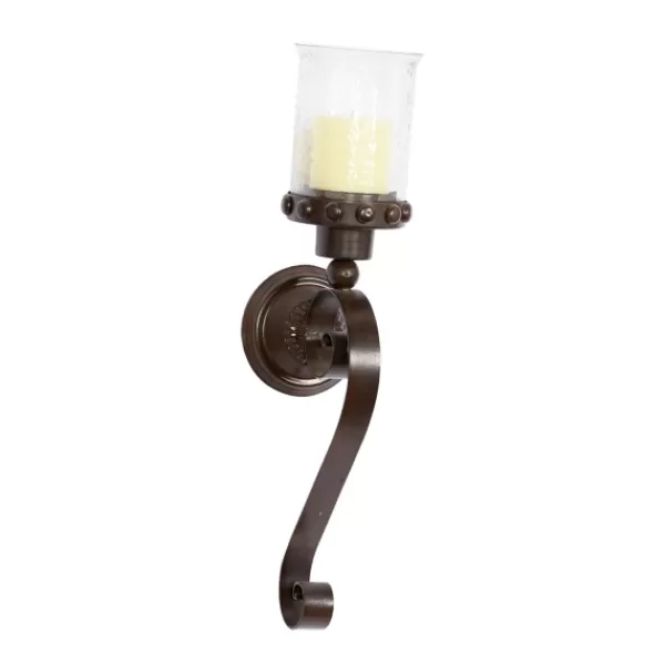 Sconces-Kirkland's Home Scrolled Wrought Iron And Glass Hurricane Sconce